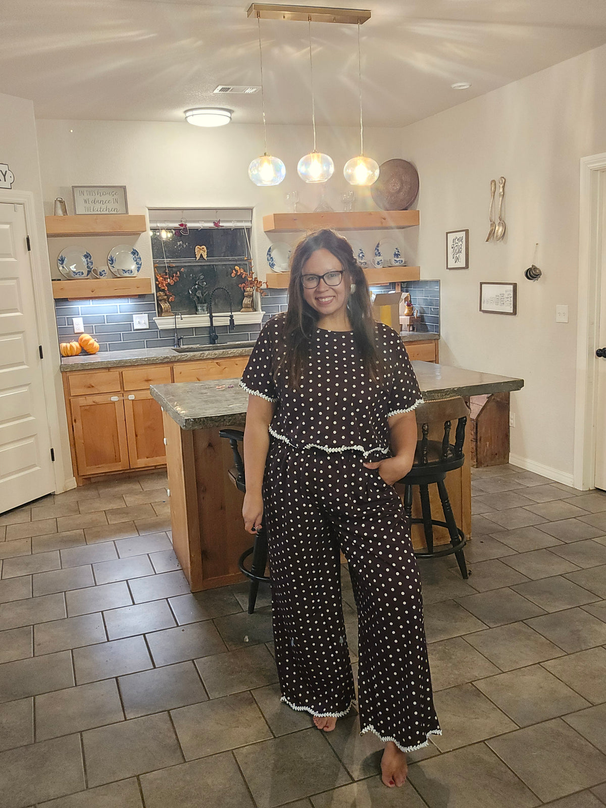 Chocolate Brown Contrast Piping Blouse & Pants Set