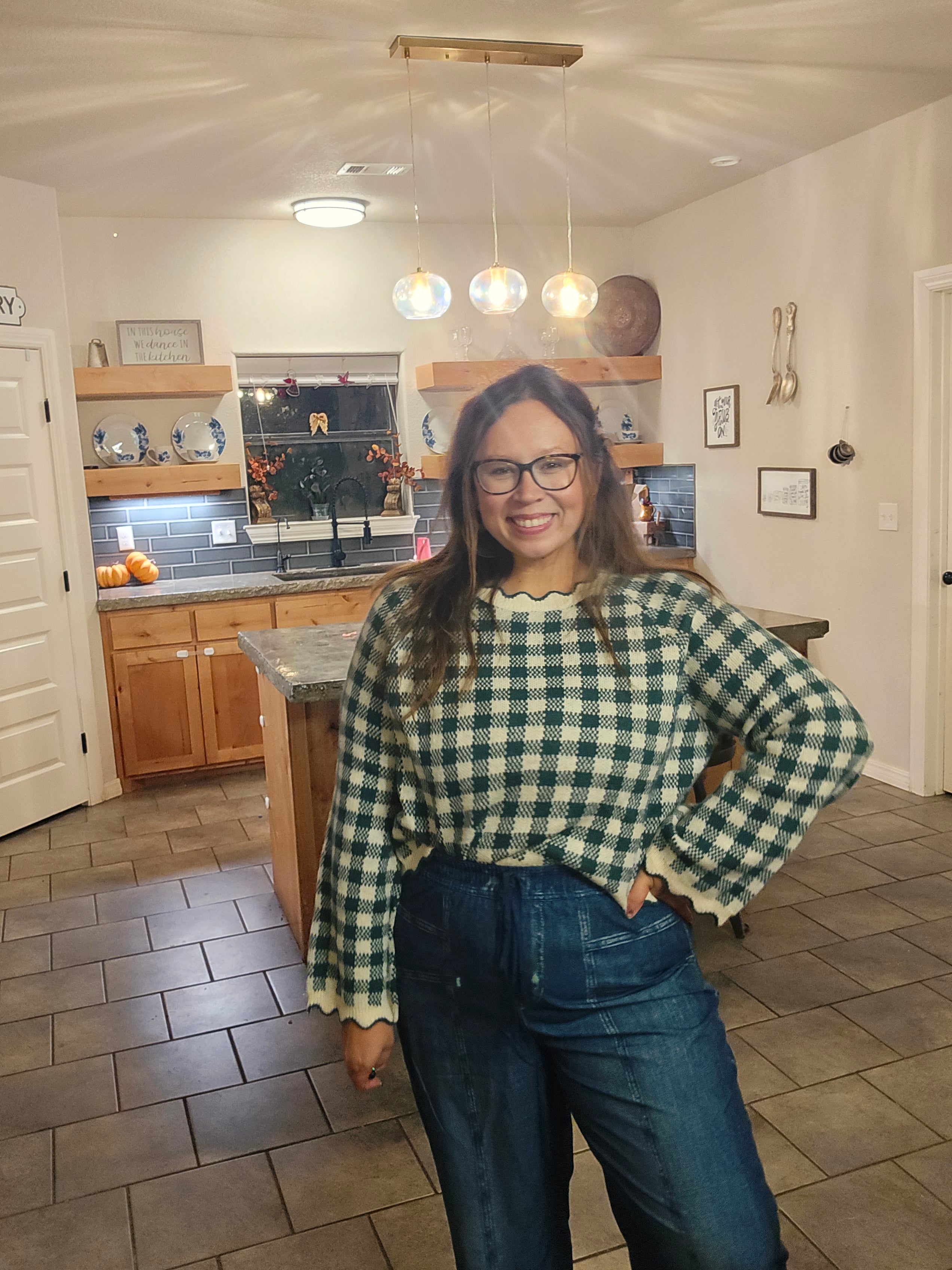 Gingham Scallop Rib-Knit Crop Pullover