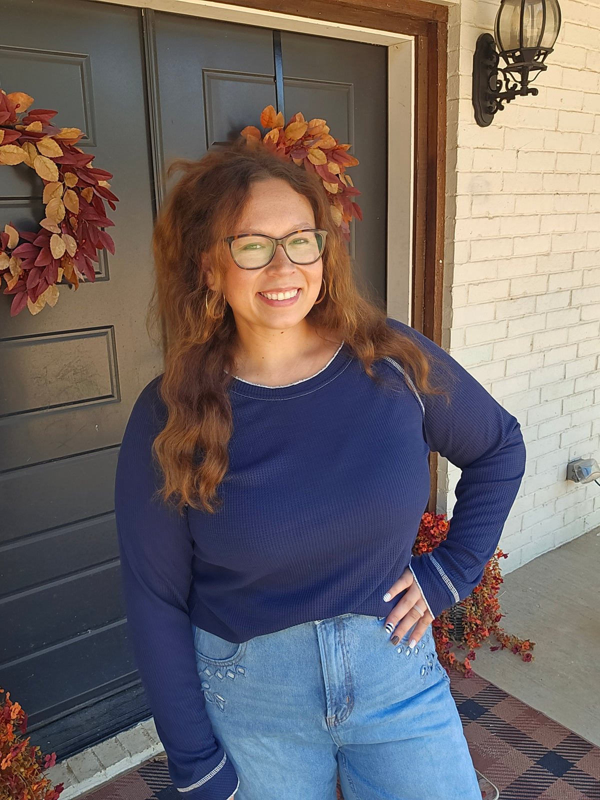 Green Textured Round Neck Long Sleeve Top