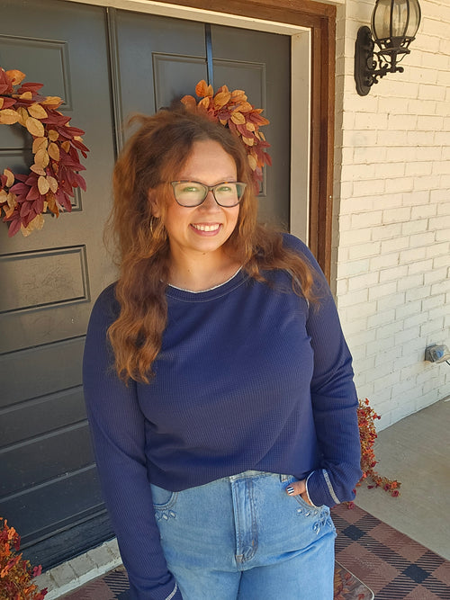 Blue Textured Round Neck Long Sleeve Top
