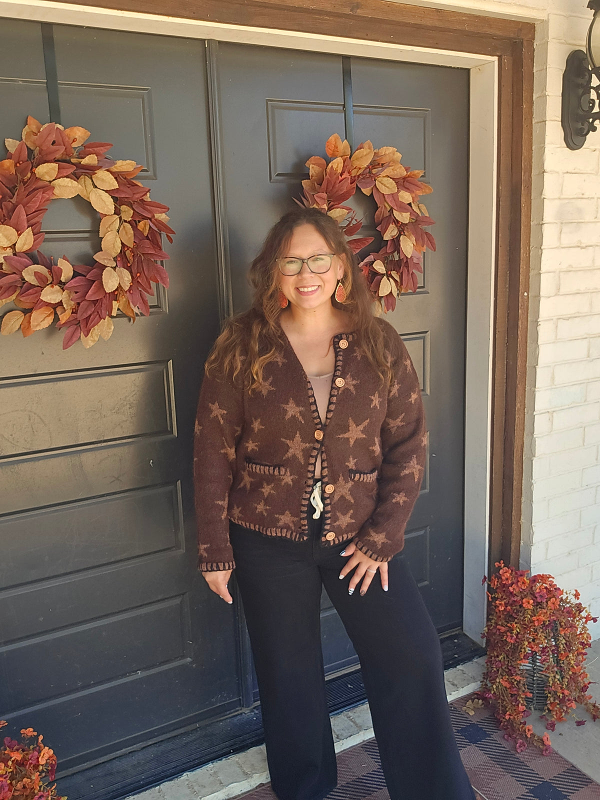Button Down Star Jacquard Sweater Cardigan