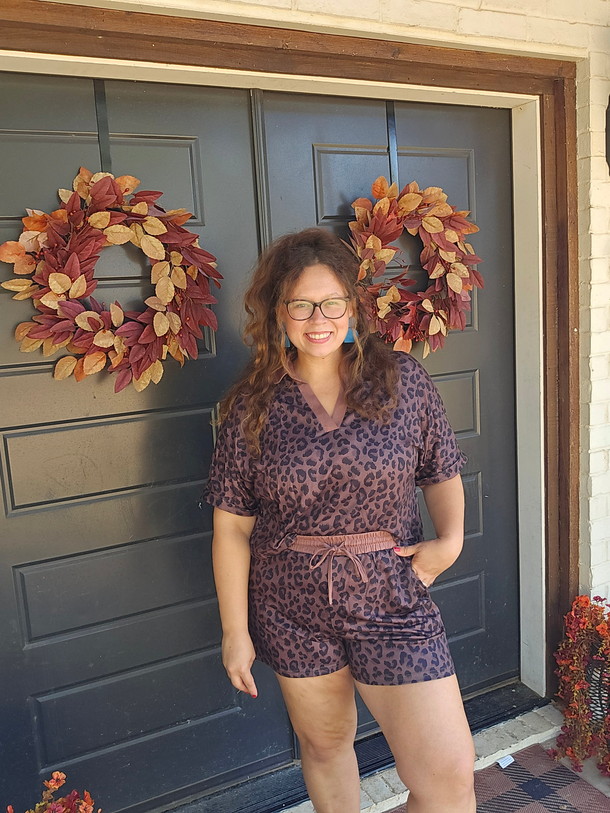 OMG! Leopard Collared V-Neck Top and Shorts Set