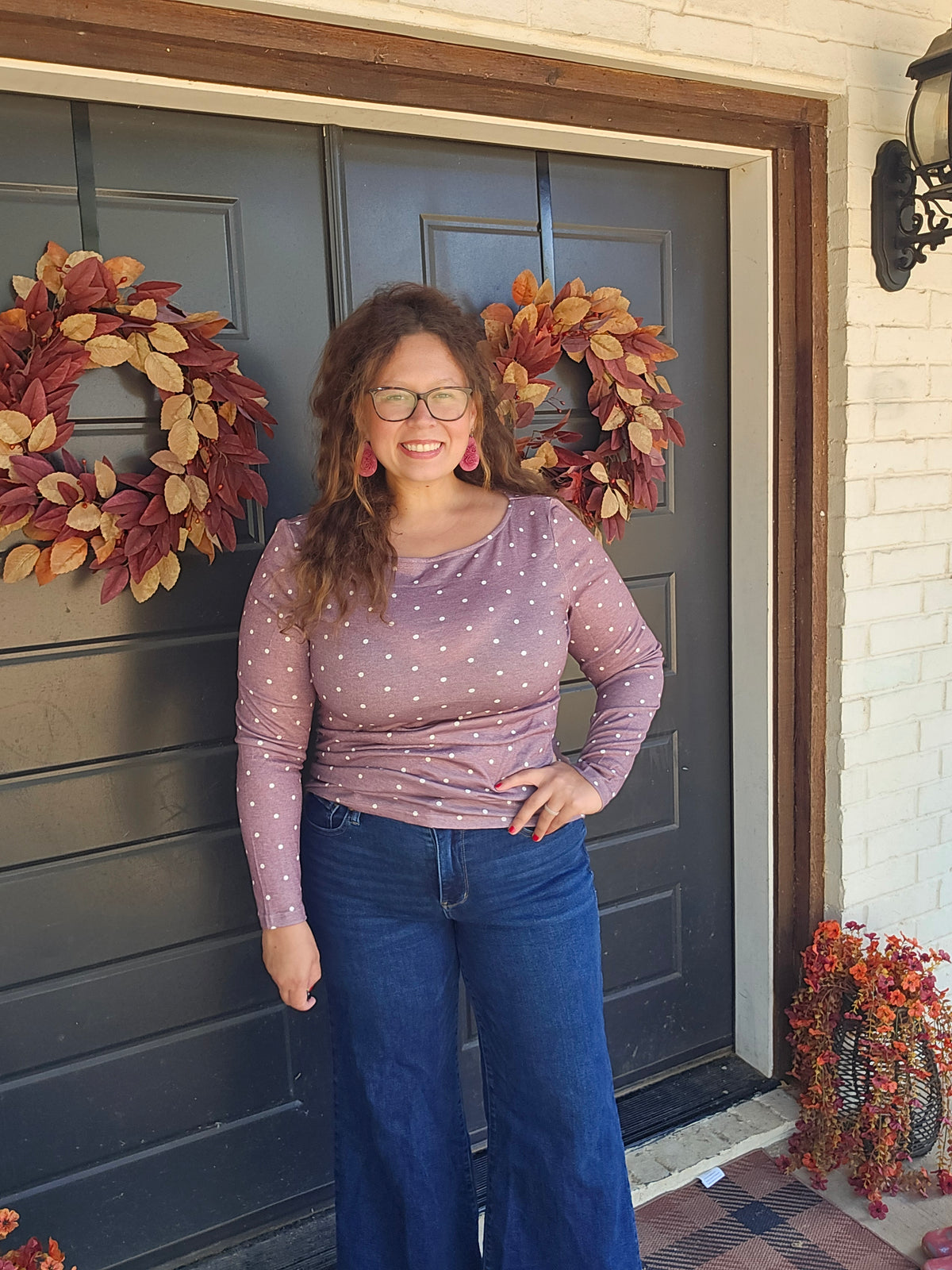Polka Dot Boatneck Long Sleeve Knit T-Shirt