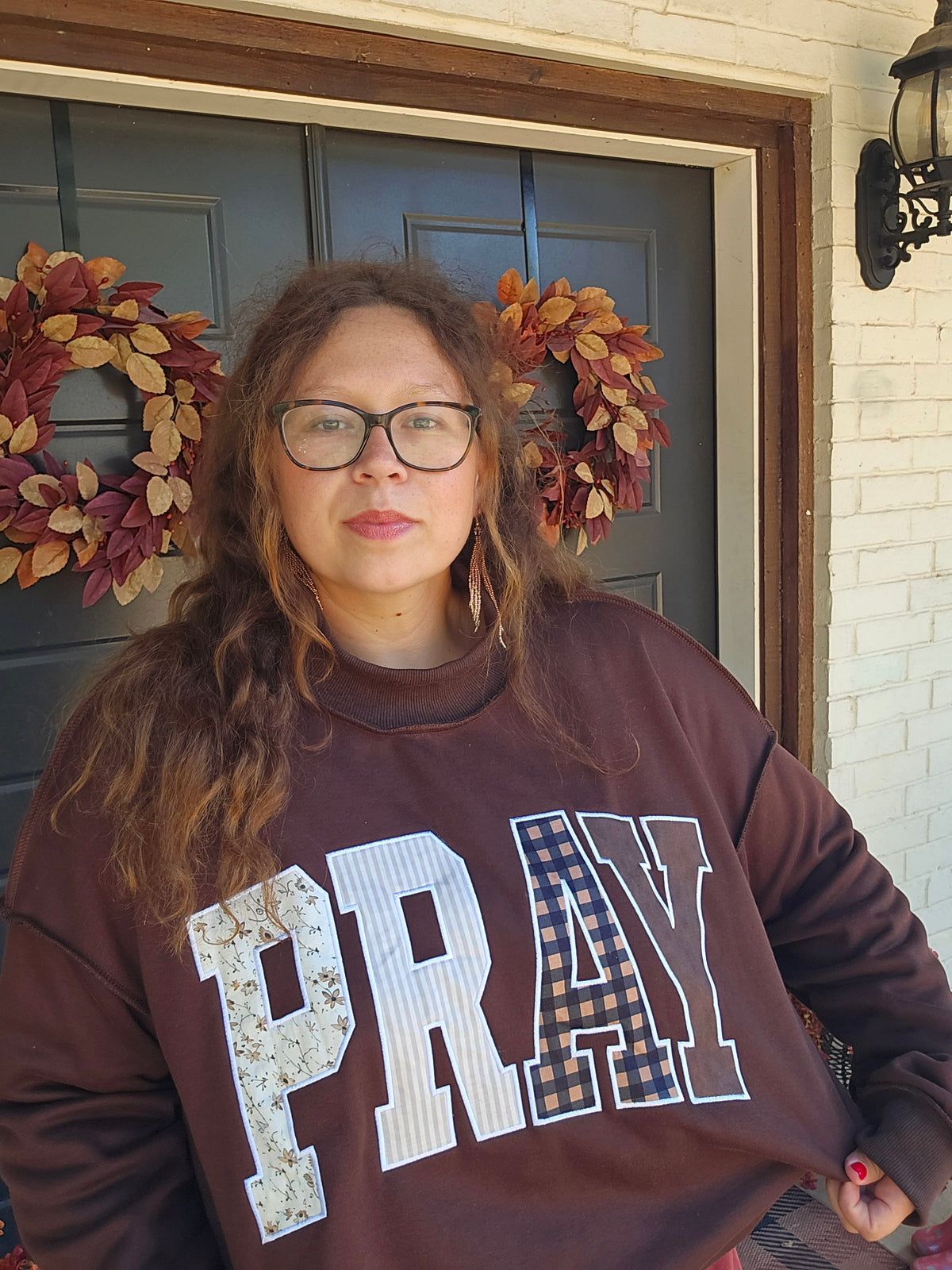 Brown Pray Embroidered Mock Neck Sweatshirt