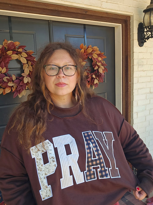 Brown Pray Embroidered Mock Neck Sweatshirt