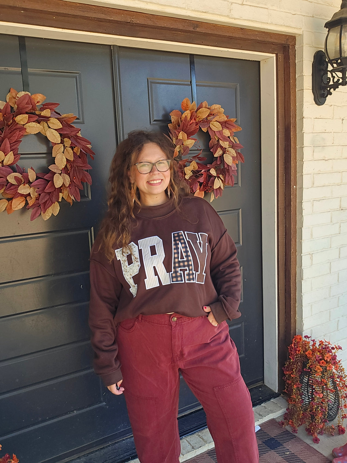 Brown Pray Embroidered Mock Neck Sweatshirt