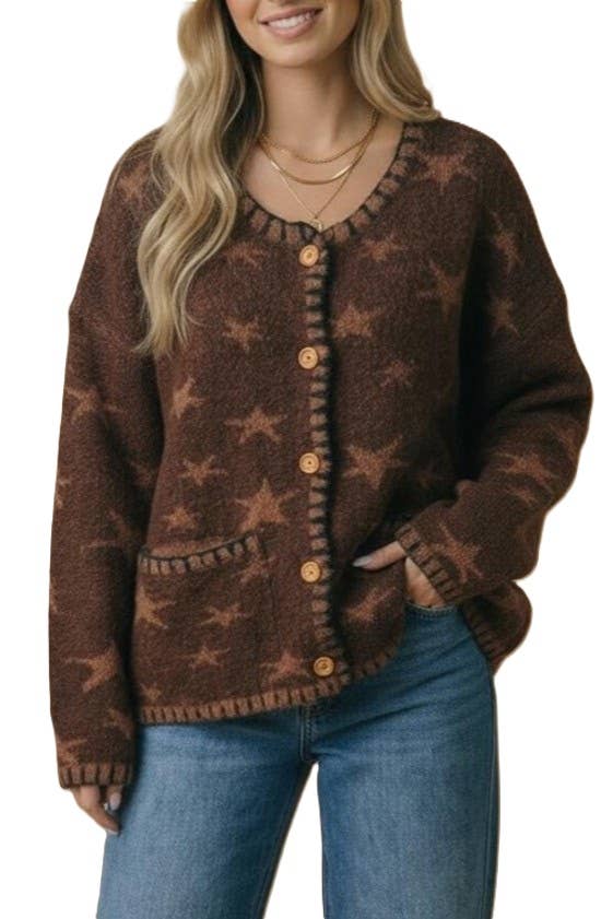 Button Down Star Jacquard Sweater Cardigan