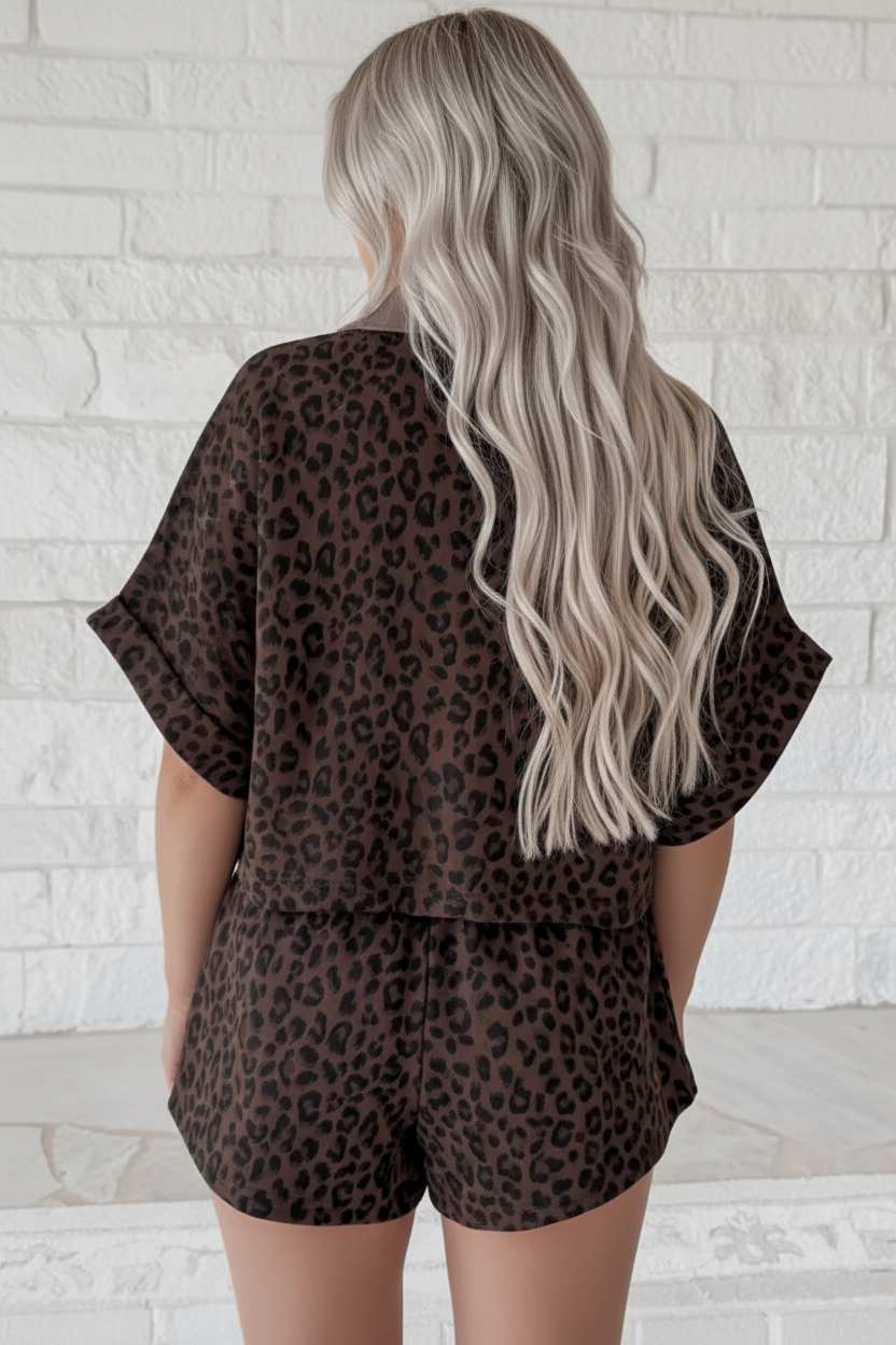 OMG! Leopard Collared V-Neck Top and Shorts Set