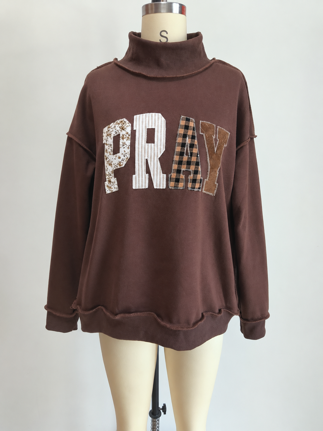 Brown Pray Embroidered Mock Neck Sweatshirt
