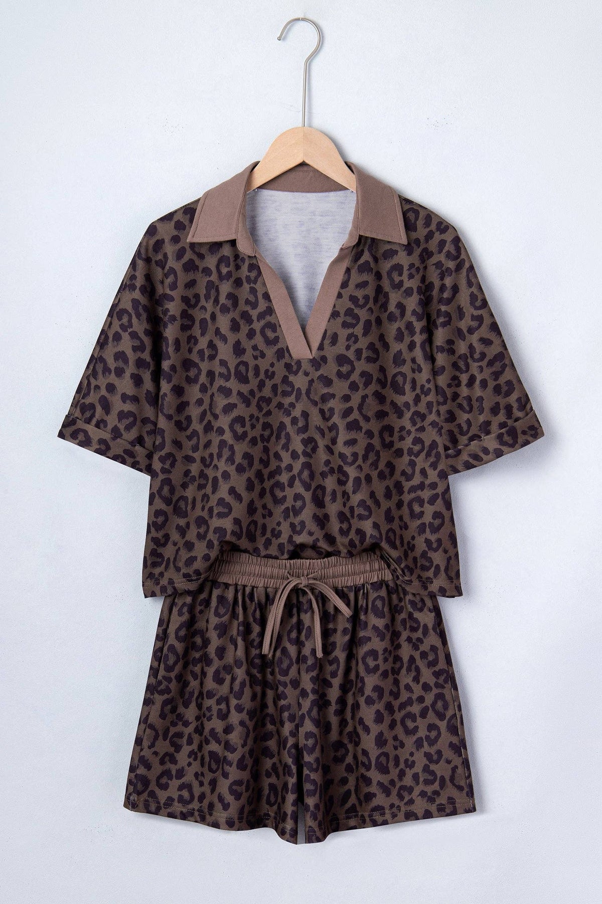OMG! Leopard Collared V-Neck Top and Shorts Set