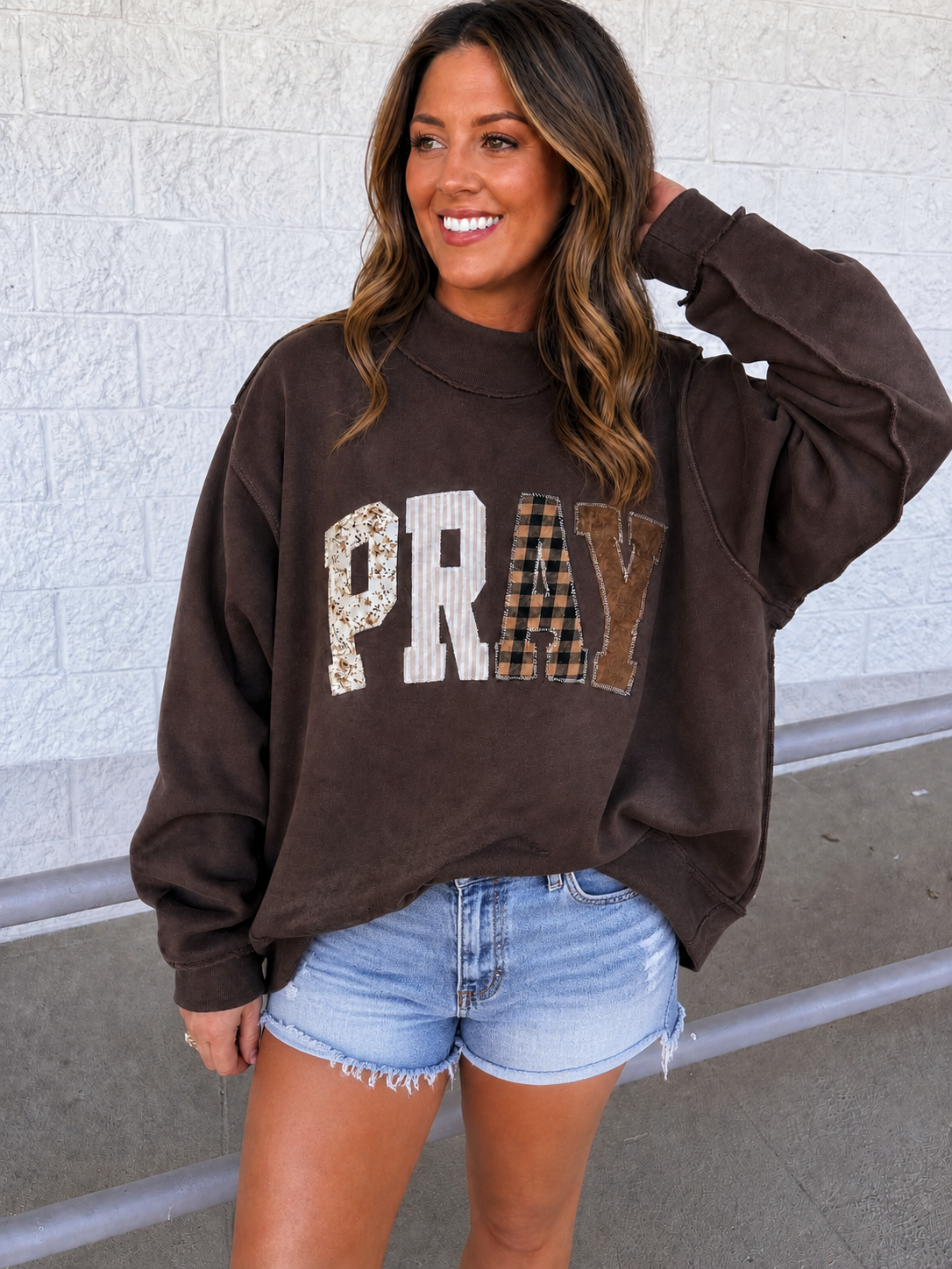 Brown Pray Embroidered Mock Neck Sweatshirt