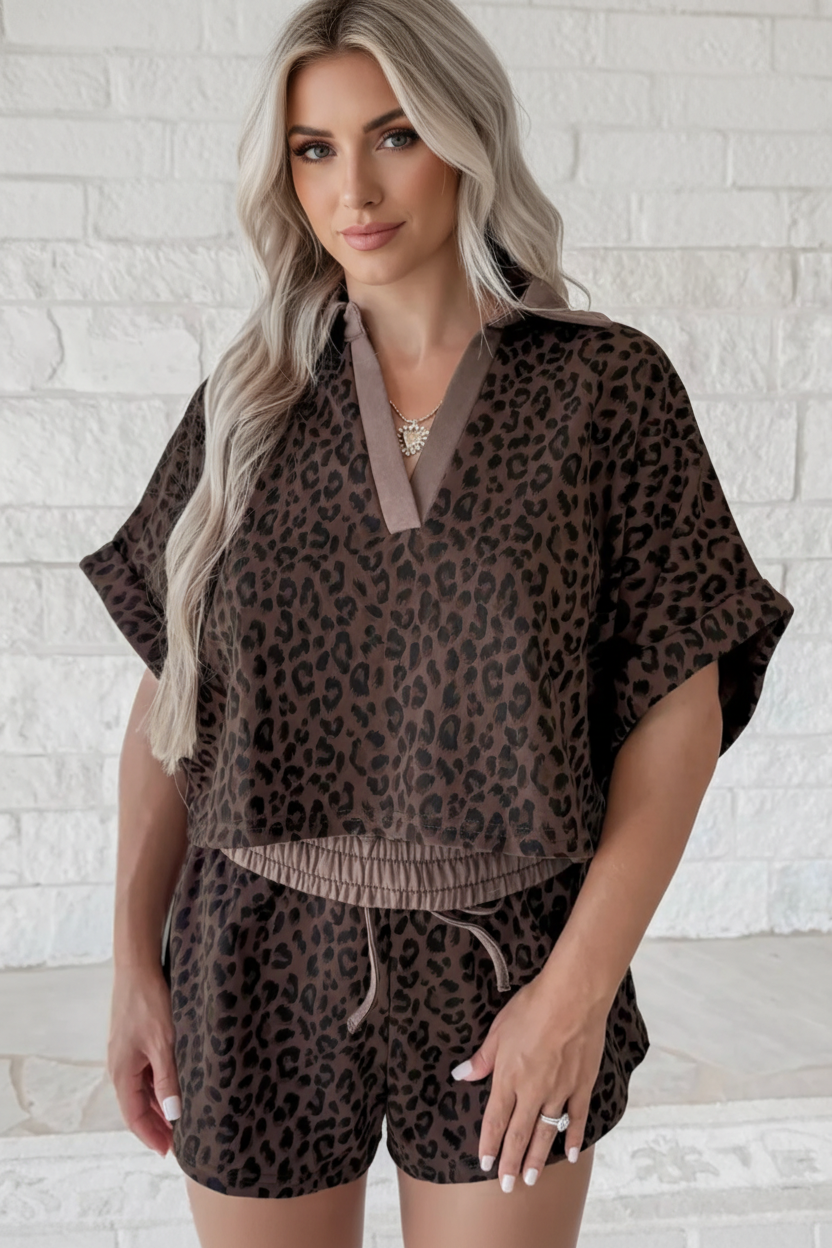 OMG! Leopard Collared V-Neck Top and Shorts Set