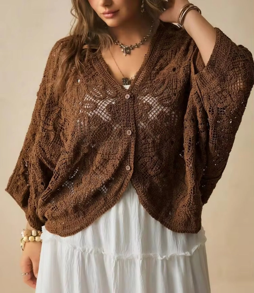 Brown Hollow Out Batwing Sweater Top