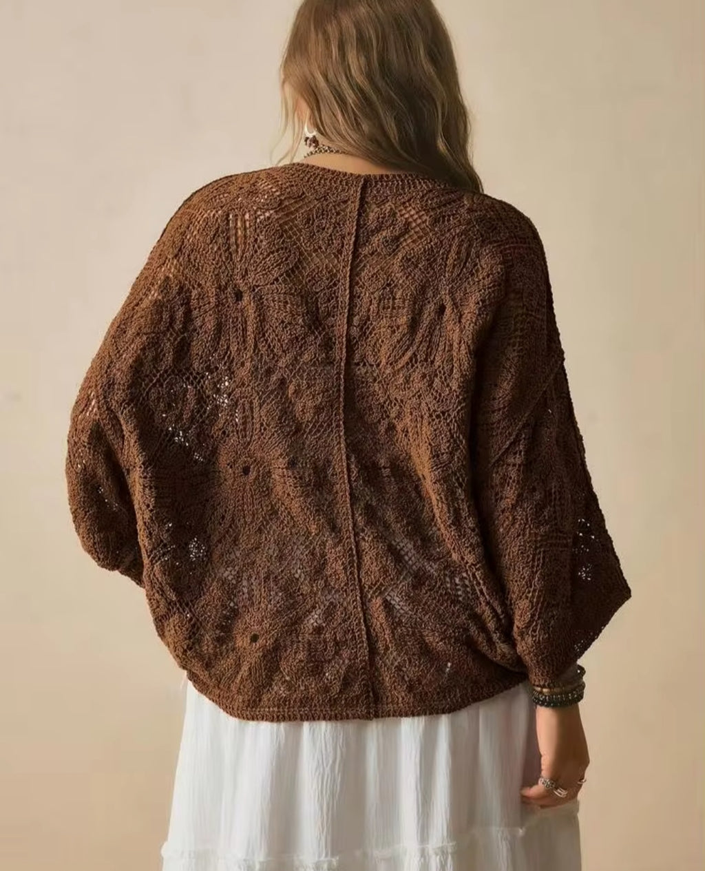 Brown Hollow Out Batwing Sweater Top