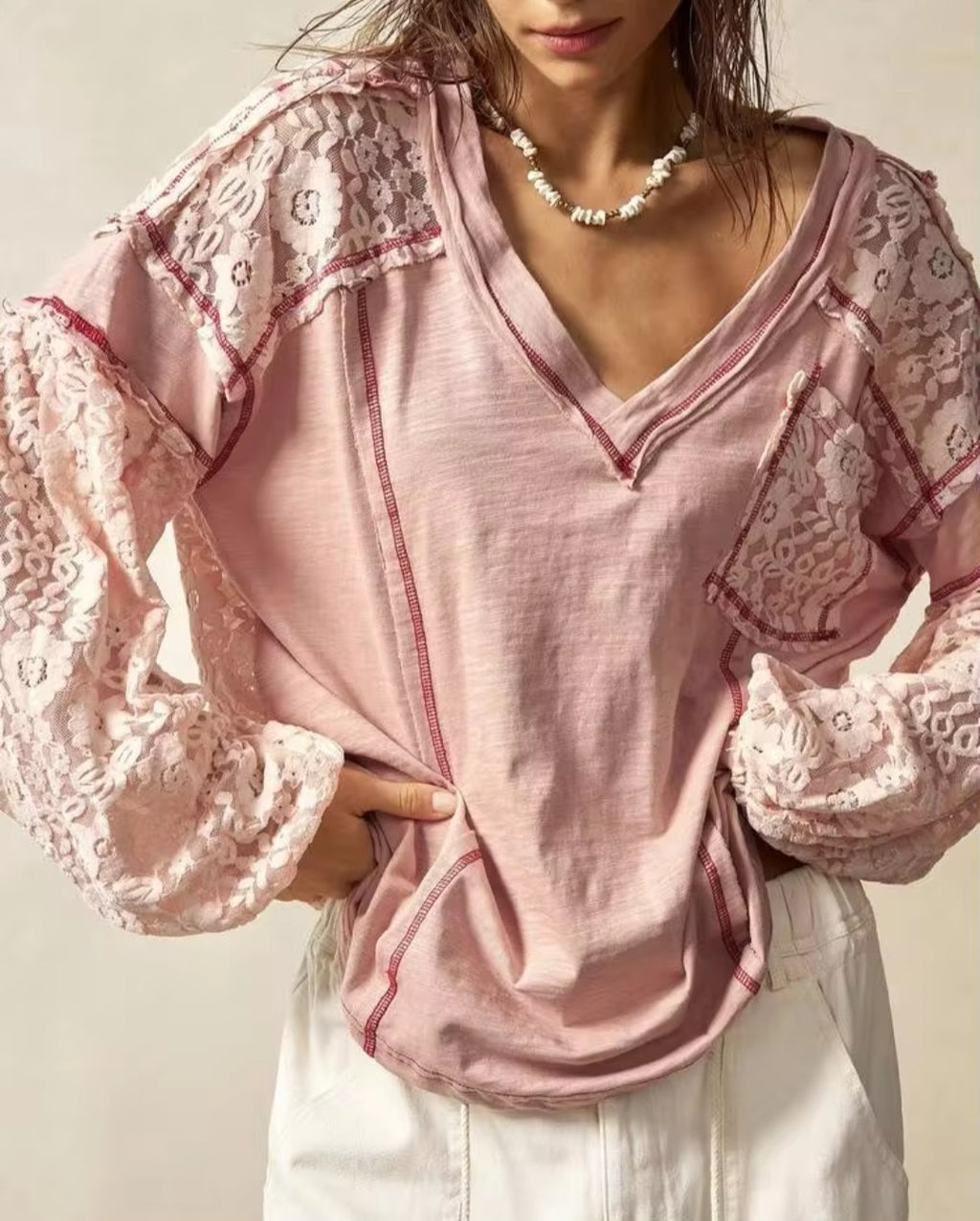 Pink Sequin Bishop Sleeve Pullover
