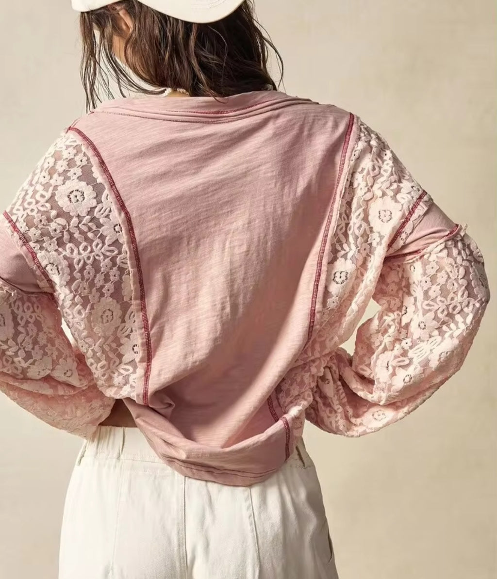 Pink Sequin Bishop Sleeve Pullover