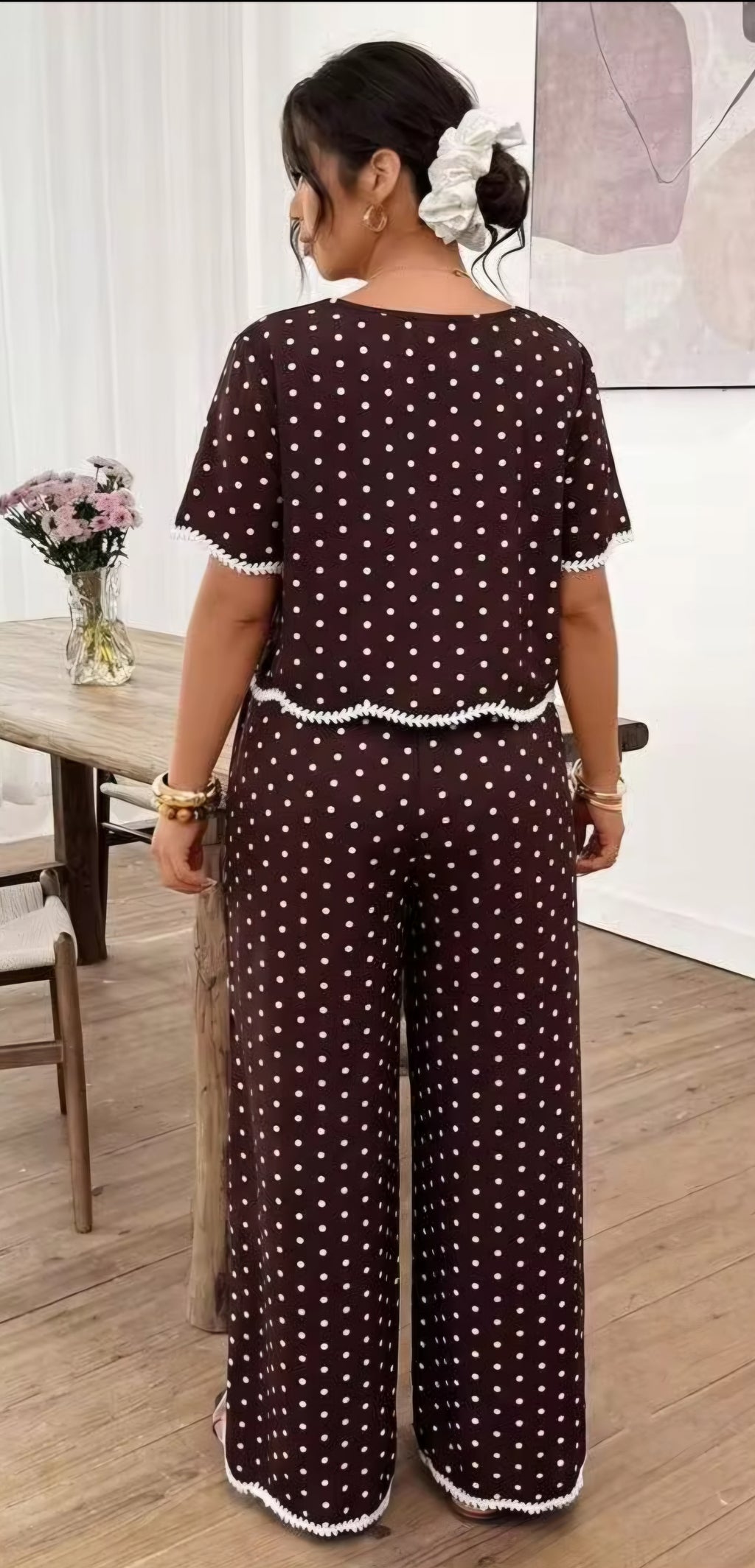 Chocolate Brown Contrast Piping Blouse & Pants Set