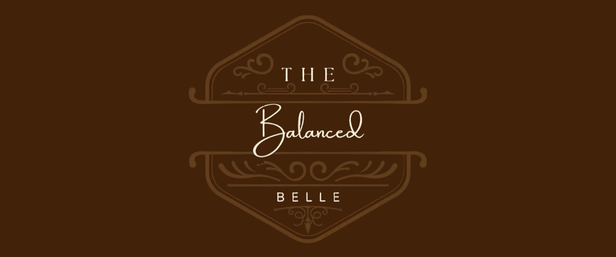 A centered brown square graphic with ornate tan decorative lines and the words 'THE Balanced BELLE' in white and tan lettering, surrounded by white margins on the left and right.