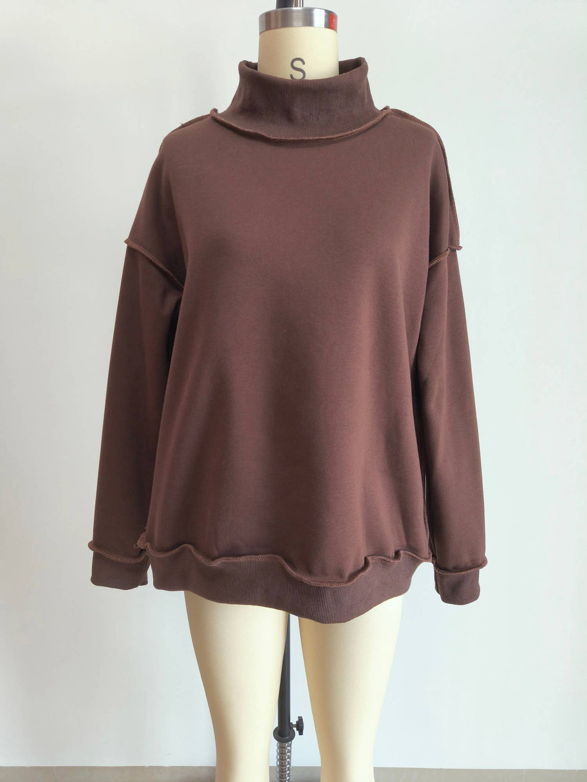 Brown Pray Embroidered Mock Neck Sweatshirt
